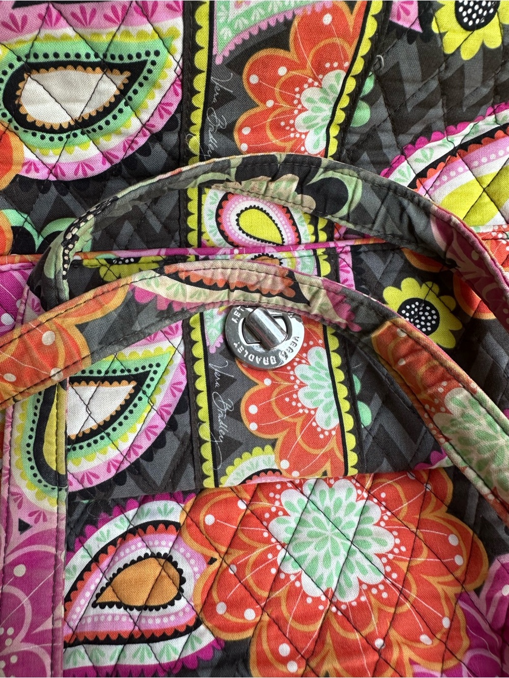 Vera Bradley Retired Ziggy Zinnia Quilted Tote with Pink, Orange & Yellow - Picture 6 of 7